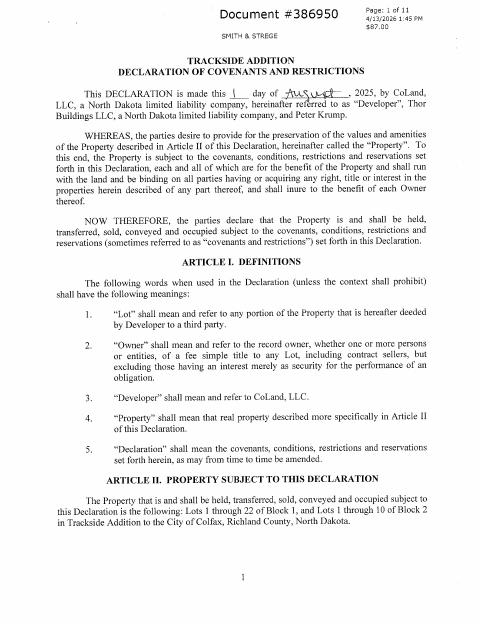First page of the Trackside Addition Declaration of Covenants and Restrictions