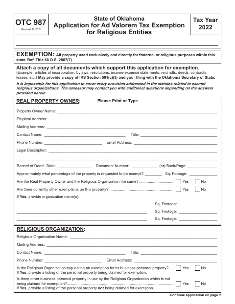 Application for Ad Valorem Tax Exemption for Religious Entities, Sequoyah County form, first page