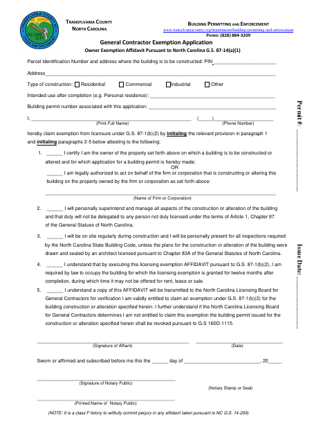 Owner Exemption Affidavit, Transylvania County form, first page