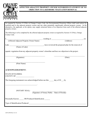 AFFECTED ADJACENT PROPERTY OWNER NOTORIZED ... — Orange County form, first page