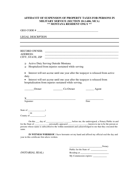 Affidavit of Suspension of Property Taxes for Persons in Military Service, Lewis and Clark County form, first page