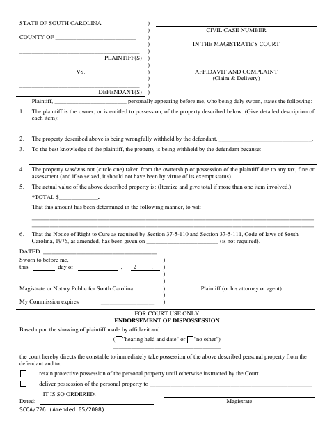 Affidavit and Complaint for Claim and Delivery, Spartanburg County form, first page