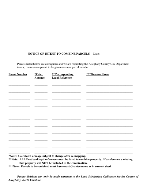 Notice of Intent to Combine Parcels, Alleghany County form, first page