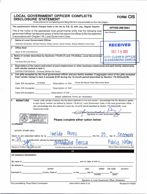 First page of the Local Government Officer Conflicts Form CIS Disclosure Statement