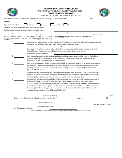 Owner Exemption Affidavit, Alexander County form, first page