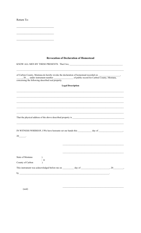 Revocation of Declaration of Homestead, Carbon County form, first page