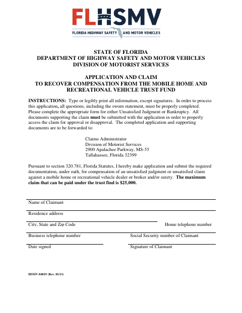 HSMV-84019 Application and Claim to Recover Compensation first page