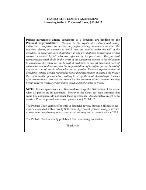 Family Settlement Agreement, Orangeburg County form, first page
