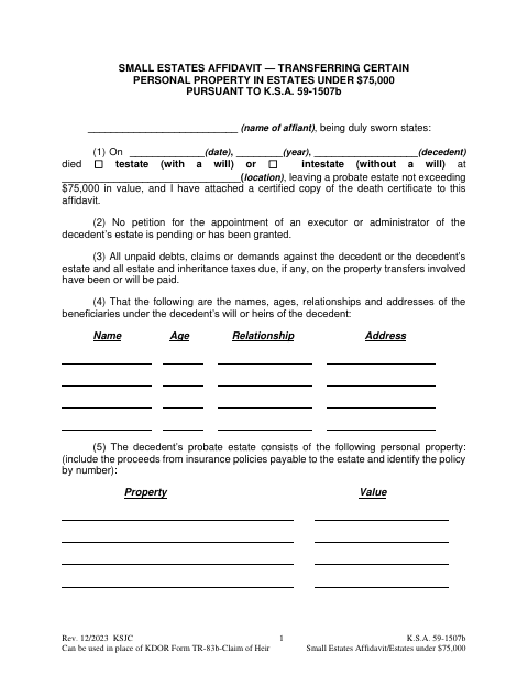 Claim of Heir Affidavit (TR-83b) first page