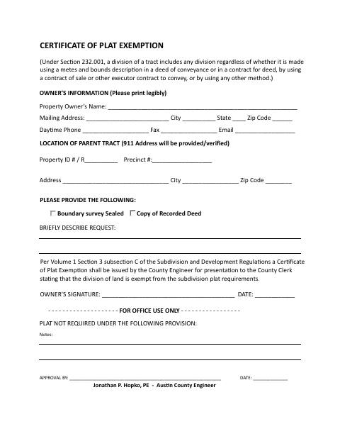 First page of the Certificate of Plat Exemption