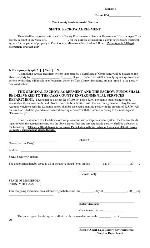 Septic Escrow Agreement, Cass County form, first page
