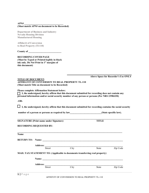 Affidavit of Conversion to Real Property, Humboldt County form, first page