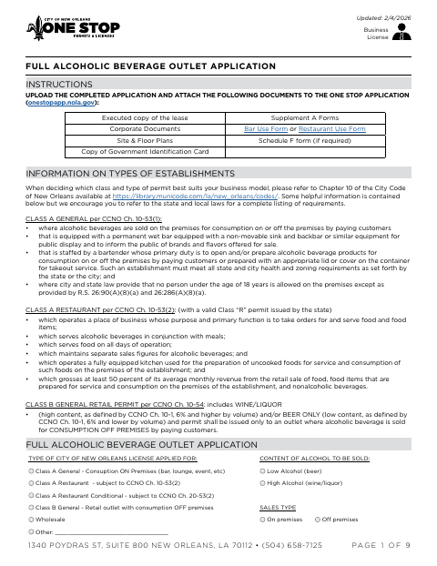 Full Alcoholic Beverage Outlet Application, Orleans Parish form, first page