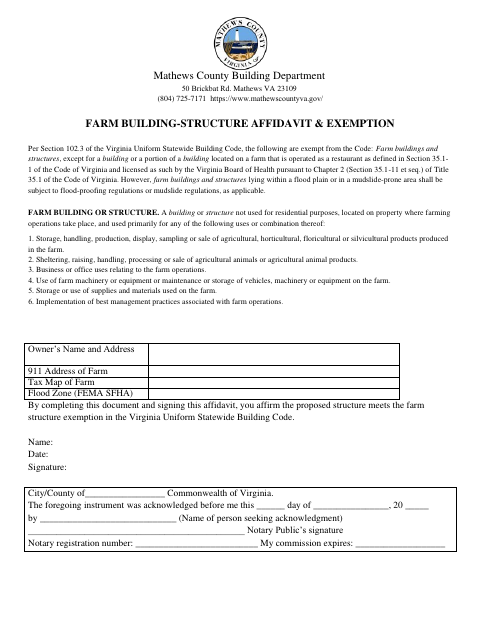Farm Building-Structure Affidavit & Exemption, Mathews County form, first page