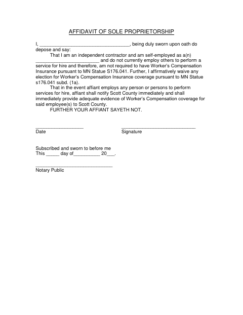 Affidavit of Sole Proprietorship, Scott County form, first page