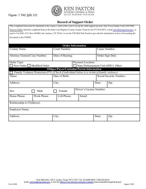 First page of the Record of Support Order
