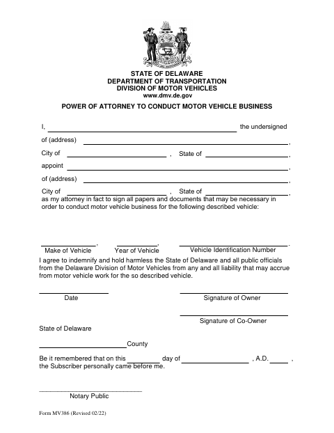 MV386 Power of Attorney to Transfer a Vehicle Title first page