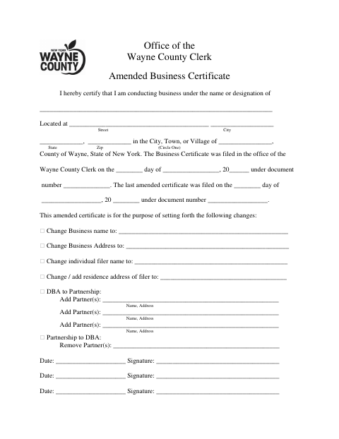 Amended Business Certificate, Wayne County form, first page
