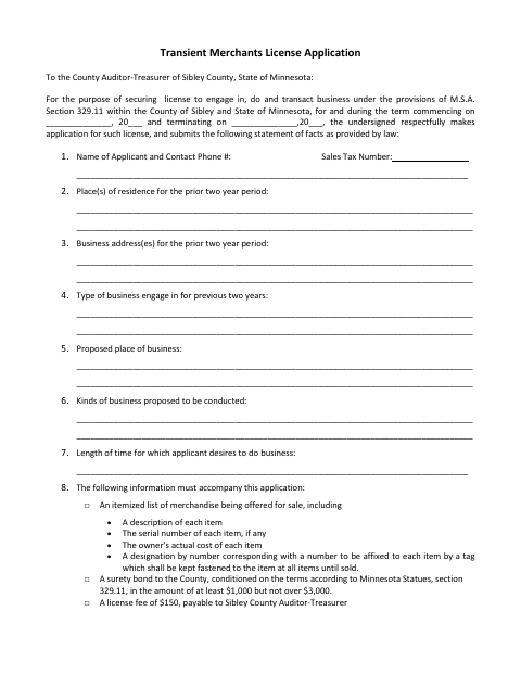 Transient Merchants License Application, Sibley County form, first page