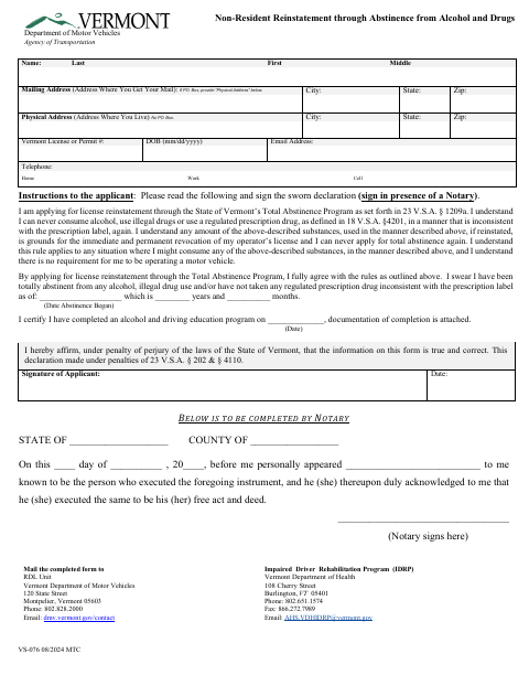 VS-076 Total Abstinence Non-Resident Reinstatement first page