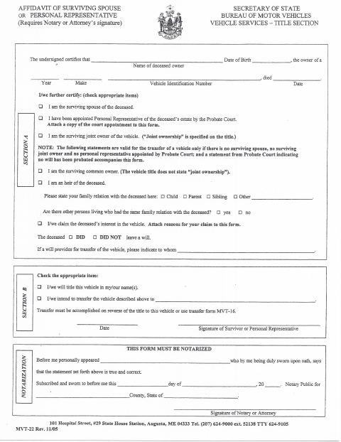 First page of the Affidavit of Surviving Spouse or Personal Representative