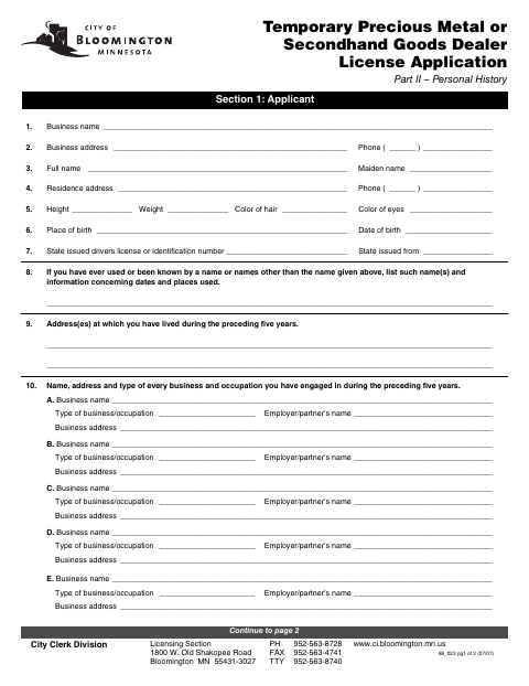 First page of the Temporary Secondhand Goods Dealer License Application Part II