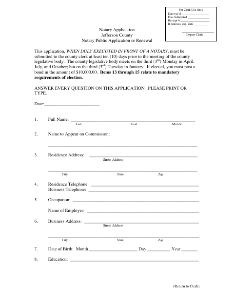 Notary Public Application or Renewal, Jefferson County form, first page