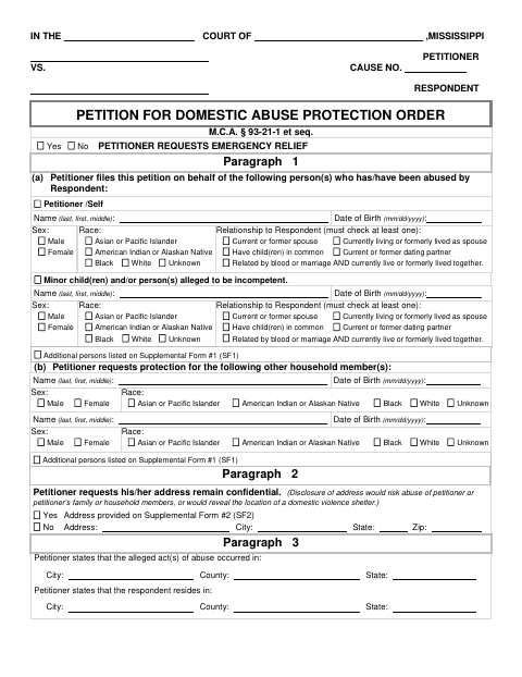 Petition for Domestic Abuse Protection Order, DeSoto County form, first page
