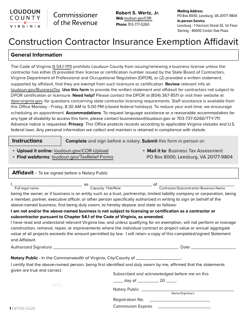 Construction Contractor Insurance Exemption Affidavit, Loudoun County form, first page