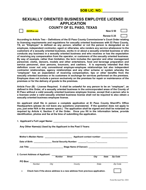 Sexually Oriented Business Employee License Application, El Paso County form, first page