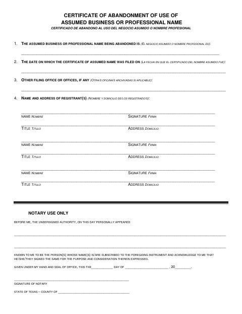 Certificate of Abandonment of Assumed Business or Professional Name, Webb County form, first page