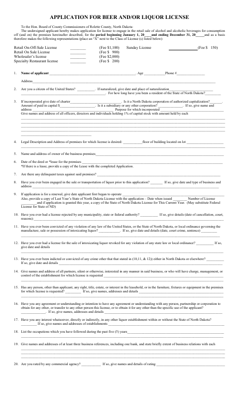 Application For Beer And/Or Liquor License, Rolette County form, first page