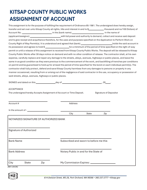 Assignment of Account, Kitsap County form, first page