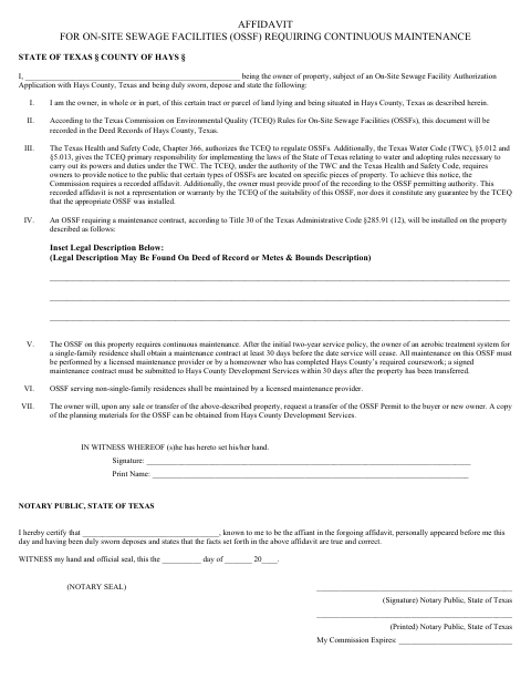 Affidavit for On-Site Sewage Facilities Requiring Continuous Maintenance, Hays County form, first page
