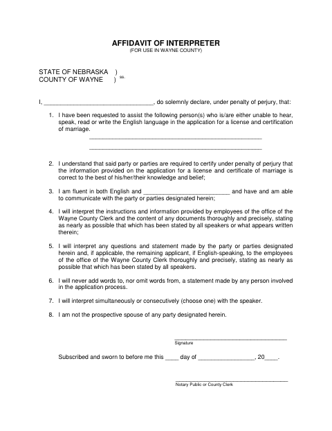 Affidavit of Interpreter, Wayne County form, first page