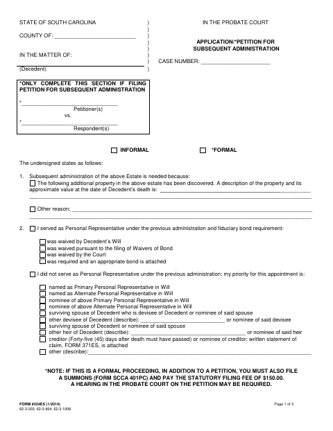 Application/Petition for Subsequent Administration, Orangeburg County form, first page