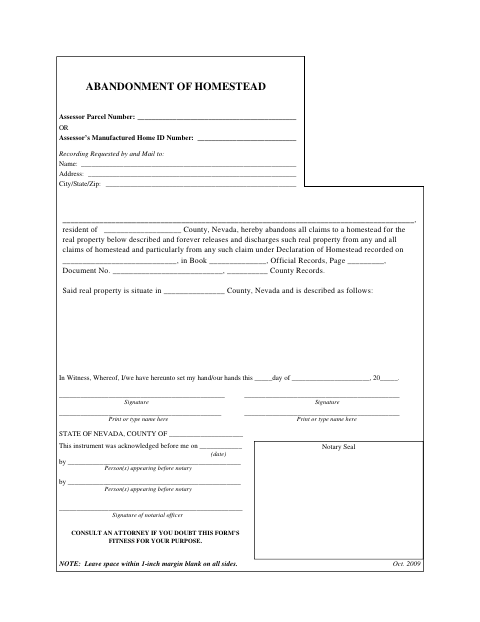 Abandonment of Homestead, Churchill County form, first page