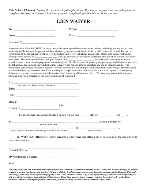 Lien Waiver, Converse County form, first page