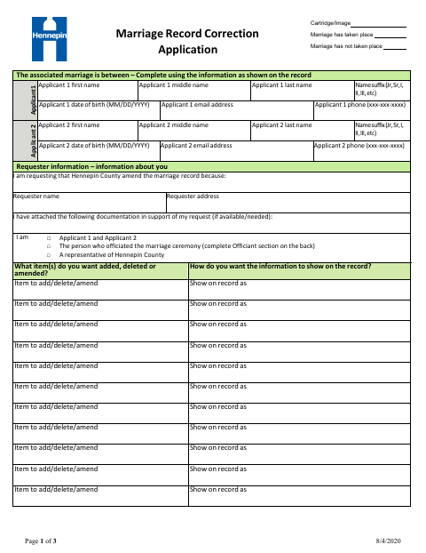 Marriage Record Correction Application, Hennepin County form, first page
