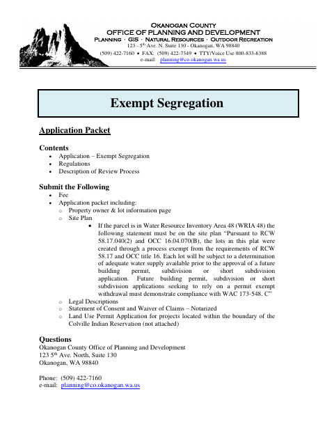 Exempt Segregation Application, Okanogan County form, first page