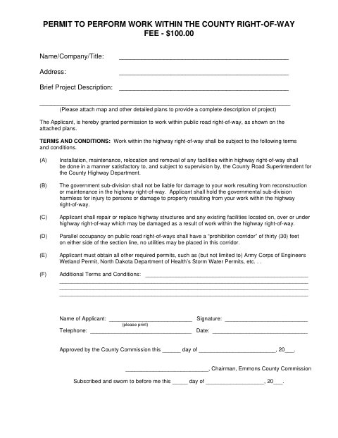 Permit to Perform Work Within the County Right-of-Way, Emmons County form, first page