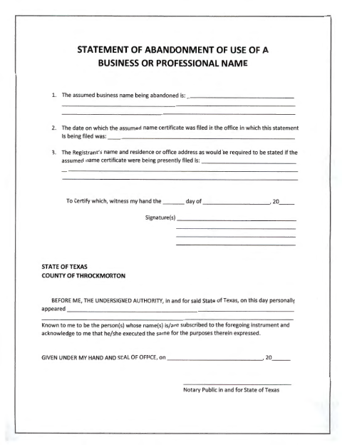 Statement of Abandonment of Use of a Business or Professional Name, Throckmorton County form, first page