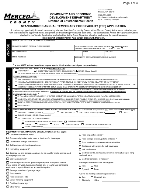 First page of the Standardized Annual Temporary Food Facility Application