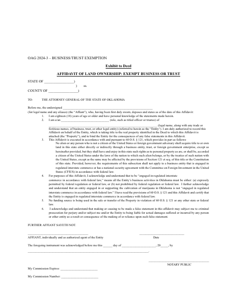 Affidavit of Land Ownership: Exempt Business or Trust, Kay County form, first page