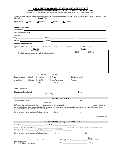 Mark and Brand Application and Certificate, Stonewall County form, first page