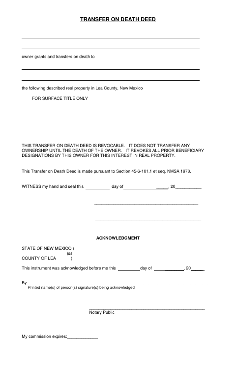 Transfer On Death Deed, Lea County form, first page
