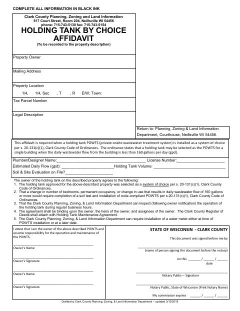 Holding Tank by Choice Affidavit, Clark County form, first page