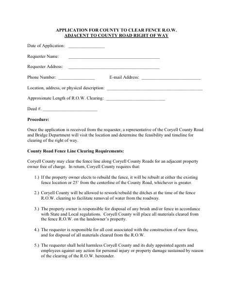 Application to Clear Fence Right of Way, Coryell County form, first page