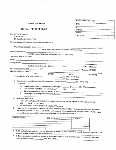 First page of the Retail Beer Permit Application
