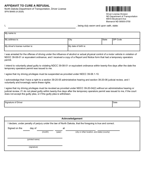 SFN 58485 Affidavit to Cure a Refusal first page
